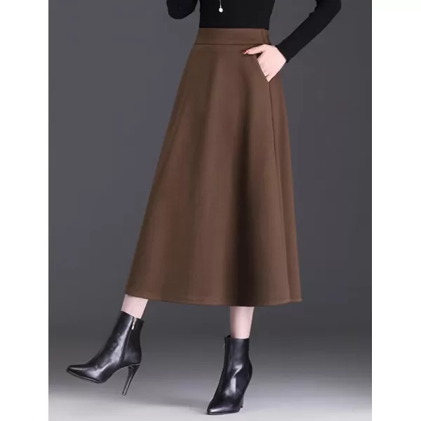 IDEALSANXUN Wool Maxi Skirt for Women High Waisted Pleated Fall Winter A Line Ruffle 2023 Trendy Long SkirtsCoffee