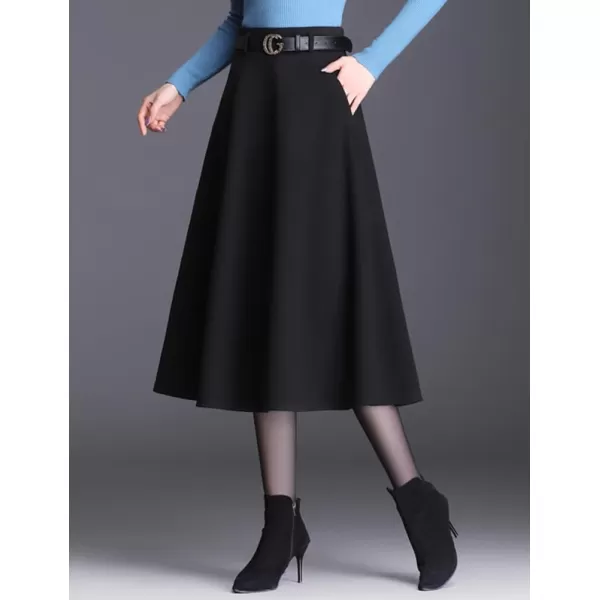 IDEALSANXUN Wool Maxi Skirts for Women High Waisted Pleated A line Flowy Fall Winter Trendy Skirt with PocketsBlack