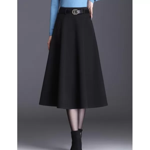 IDEALSANXUN Wool Maxi Skirts for Women High Waisted Pleated A line Flowy Fall Winter Trendy Skirt with PocketsBlack