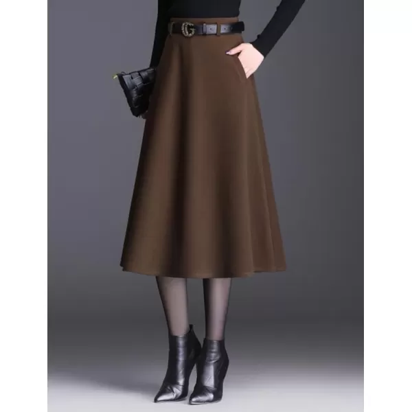 IDEALSANXUN Wool Maxi Skirts for Women High Waisted Pleated A line Flowy Fall Winter Trendy Skirt with PocketsCoffee