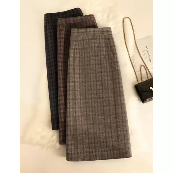 IDEALSANXUN Wool Midi Plaid Skirts for Women Warm Fall Winter A Line Elastic High Waisted SkirtBlack