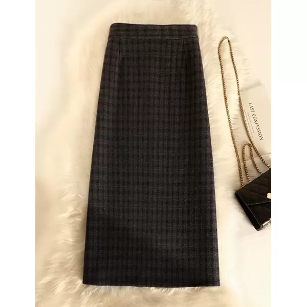 IDEALSANXUN Wool Midi Plaid Skirts for Women Warm Fall Winter A Line Elastic High Waisted SkirtBlack