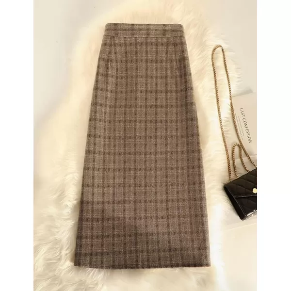 IDEALSANXUN Wool Midi Plaid Skirts for Women Warm Fall Winter A Line Elastic High Waisted SkirtBrown