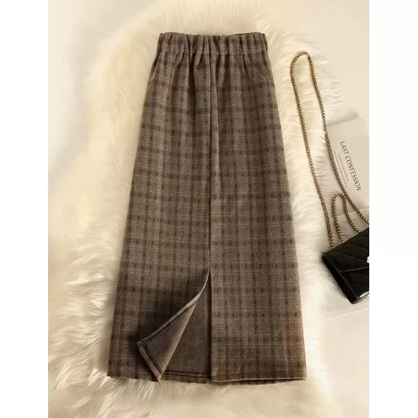 IDEALSANXUN Wool Midi Plaid Skirts for Women Warm Fall Winter A Line Elastic High Waisted SkirtBrown