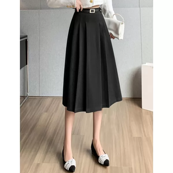 IDEALSANXUN Wool Midi Skirt for Women High Waisted Pleated A Line 2023 Trendy Fall Winter Skirts with BeltBlack