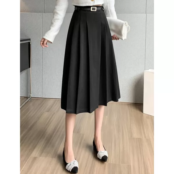 IDEALSANXUN Wool Midi Skirt for Women High Waisted Pleated A Line 2023 Trendy Fall Winter Skirts with BeltBlack