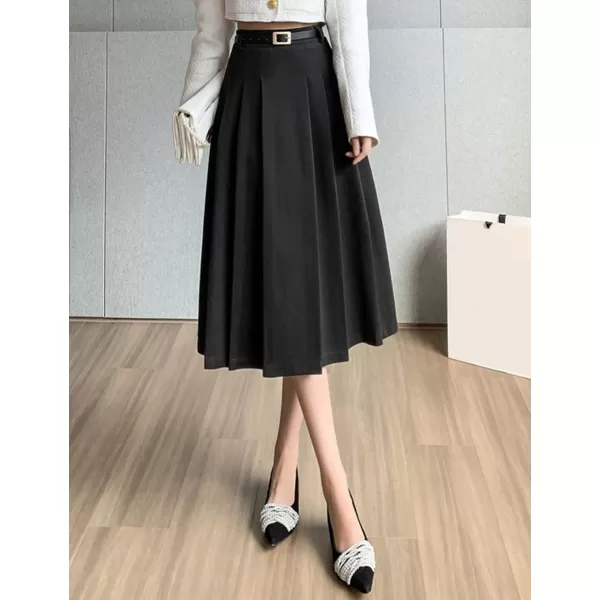 IDEALSANXUN Wool Midi Skirt for Women High Waisted Pleated A Line 2023 Trendy Fall Winter Skirts with BeltBlack