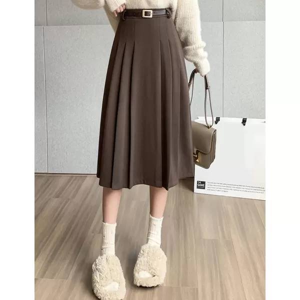 IDEALSANXUN Wool Midi Skirt for Women High Waisted Pleated A Line 2023 Trendy Fall Winter Skirts with BeltCoffee