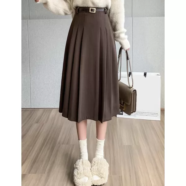 IDEALSANXUN Wool Midi Skirt for Women High Waisted Pleated A Line 2023 Trendy Fall Winter Skirts with BeltCoffee