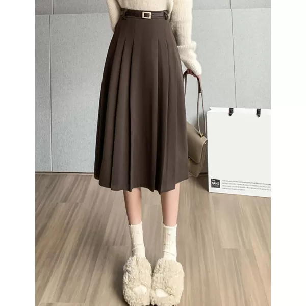 IDEALSANXUN Wool Midi Skirt for Women High Waisted Pleated A Line 2023 Trendy Fall Winter Skirts with BeltCoffee