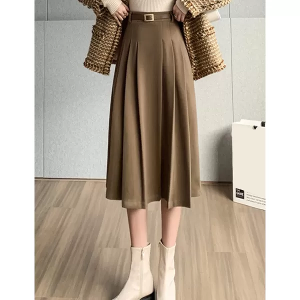 IDEALSANXUN Wool Midi Skirt for Women High Waisted Pleated A Line 2023 Trendy Fall Winter Skirts with BeltKhaki