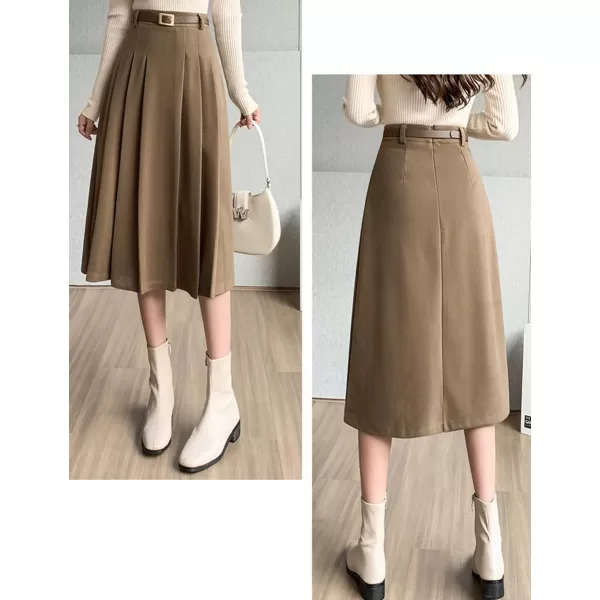 IDEALSANXUN Wool Midi Skirt for Women High Waisted Pleated A Line 2023 Trendy Fall Winter Skirts with BeltKhaki