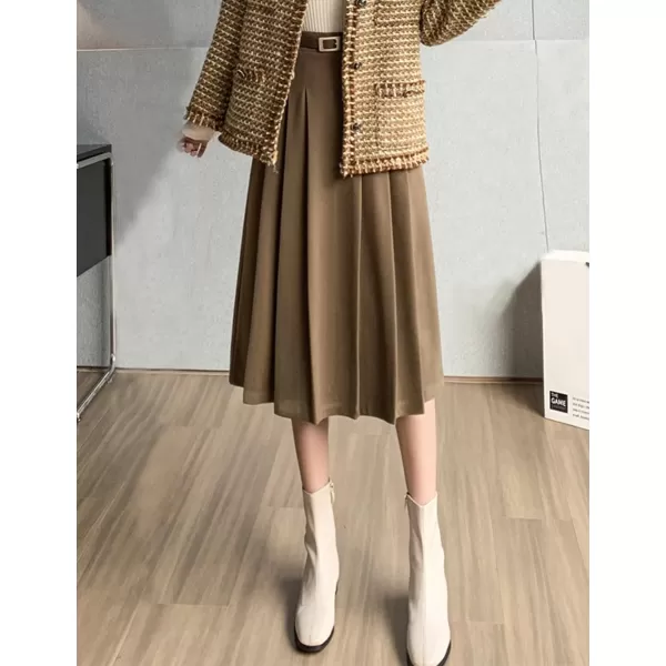 IDEALSANXUN Wool Midi Skirt for Women High Waisted Pleated A Line 2023 Trendy Fall Winter Skirts with BeltKhaki