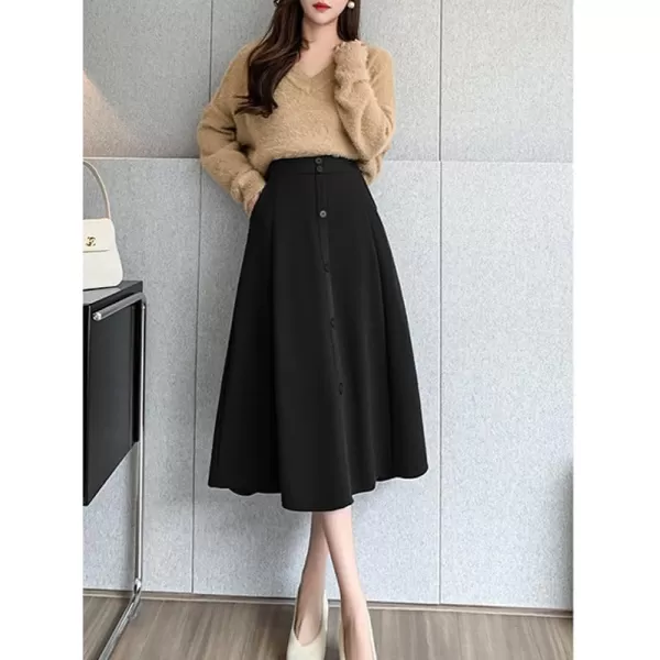 IDEALSANXUN Wool Midi Skirts for Women High Waisted A Line Fall Winter 2023 Long Skirt with PocketsBlack