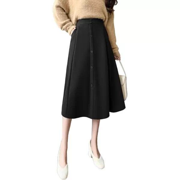 IDEALSANXUN Wool Midi Skirts for Women High Waisted A Line Fall Winter 2023 Long Skirt with PocketsBlack