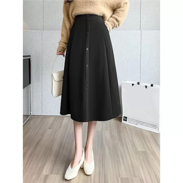 IDEALSANXUN Wool Midi Skirts for Women High Waisted A Line Fall Winter 2023 Long Skirt with PocketsBlack