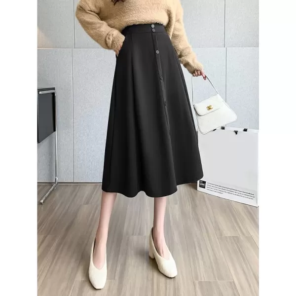 IDEALSANXUN Wool Midi Skirts for Women High Waisted A Line Fall Winter 2023 Long Skirt with PocketsBlack