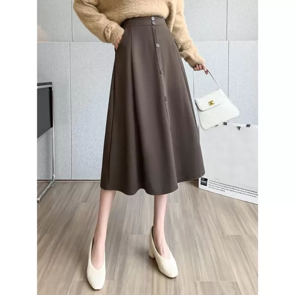 IDEALSANXUN Wool Midi Skirts for Women High Waisted A Line Fall Winter 2023 Long Skirt with PocketsCoffee