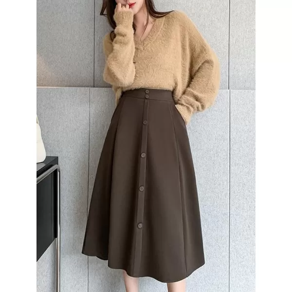 IDEALSANXUN Wool Midi Skirts for Women High Waisted A Line Fall Winter 2023 Long Skirt with PocketsCoffee