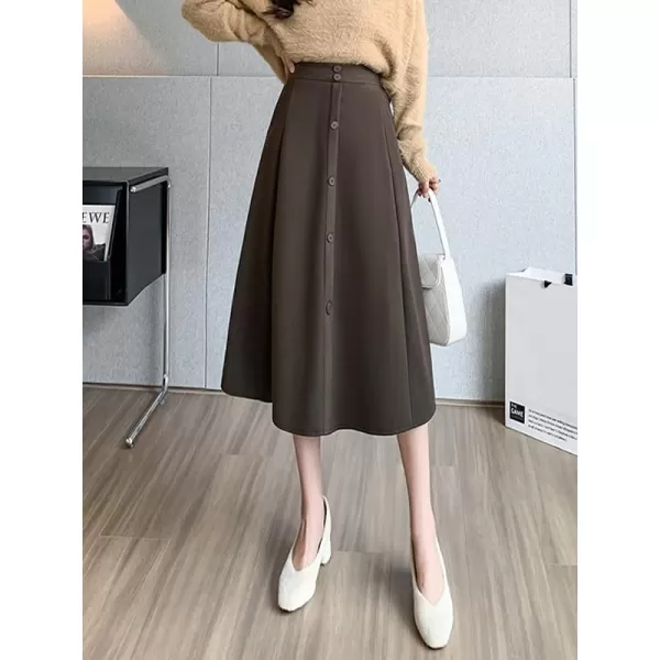 IDEALSANXUN Wool Midi Skirts for Women High Waisted A Line Fall Winter 2023 Long Skirt with PocketsCoffee