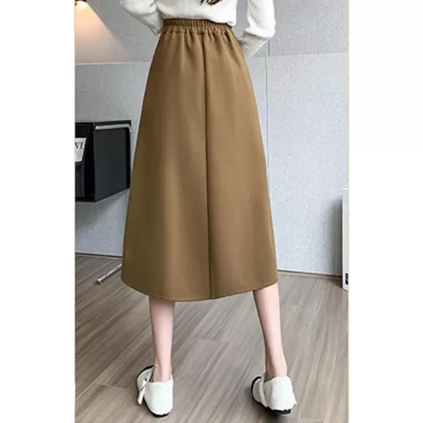 IDEALSANXUN Wool Midi Skirts for Women High Waisted A Line Fall Winter 2023 Long Skirt with PocketsKhaki