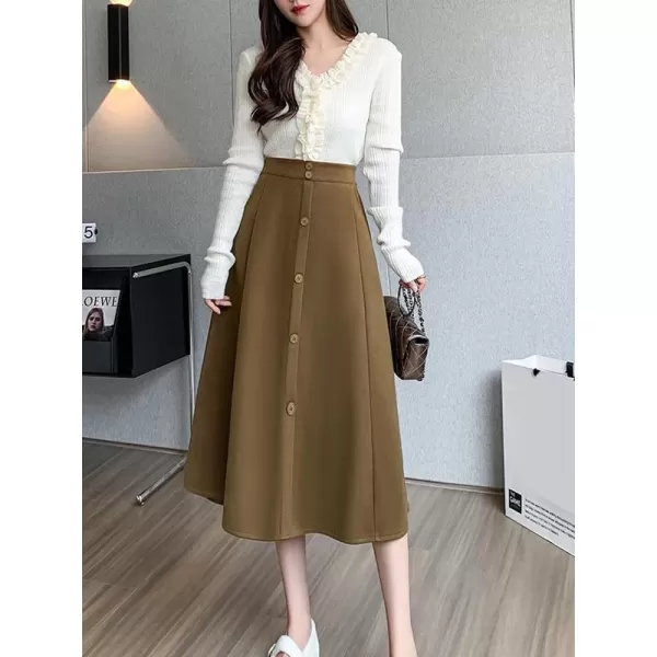 IDEALSANXUN Wool Midi Skirts for Women High Waisted A Line Fall Winter 2023 Long Skirt with PocketsKhaki