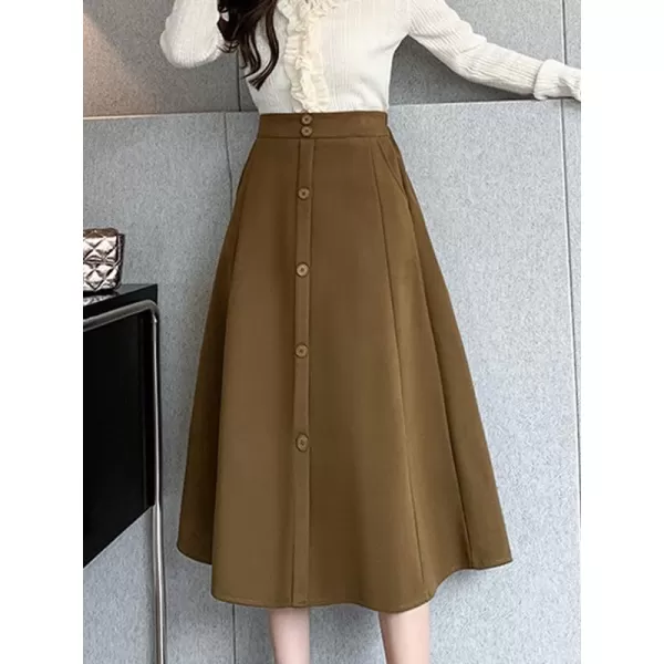 IDEALSANXUN Wool Midi Skirts for Women High Waisted A Line Fall Winter 2023 Long Skirt with PocketsKhaki