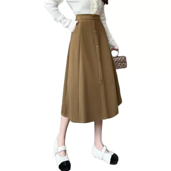 IDEALSANXUN Wool Midi Skirts for Women High Waisted A Line Fall Winter 2023 Long Skirt with PocketsKhaki