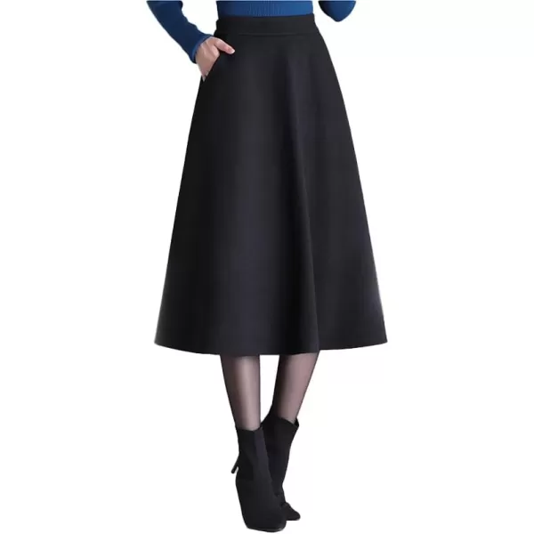 IDEALSANXUN Wool Midi Skirts for Women High Waisted Aline Fall Winter Trendy Flowy SkirtBlack