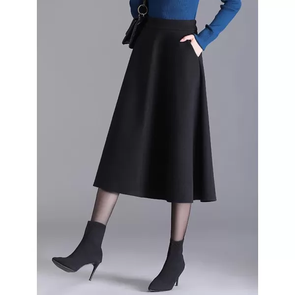 IDEALSANXUN Wool Midi Skirts for Women High Waisted Aline Fall Winter Trendy Flowy SkirtBlack
