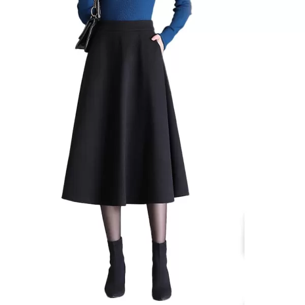 IDEALSANXUN Wool Midi Skirts for Women High Waisted Aline Fall Winter Trendy Flowy SkirtBlack