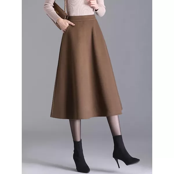 IDEALSANXUN Wool Midi Skirts for Women High Waisted Aline Fall Winter Trendy Flowy SkirtCoffee