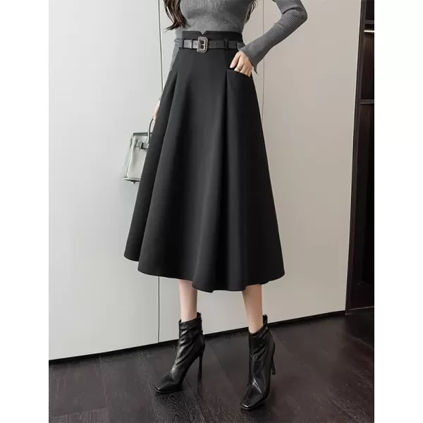 IDEALSANXUN Wool Midi Skirts for Womens High Waisted A Line Pleated Belted Fall Winter SkirtsBlack