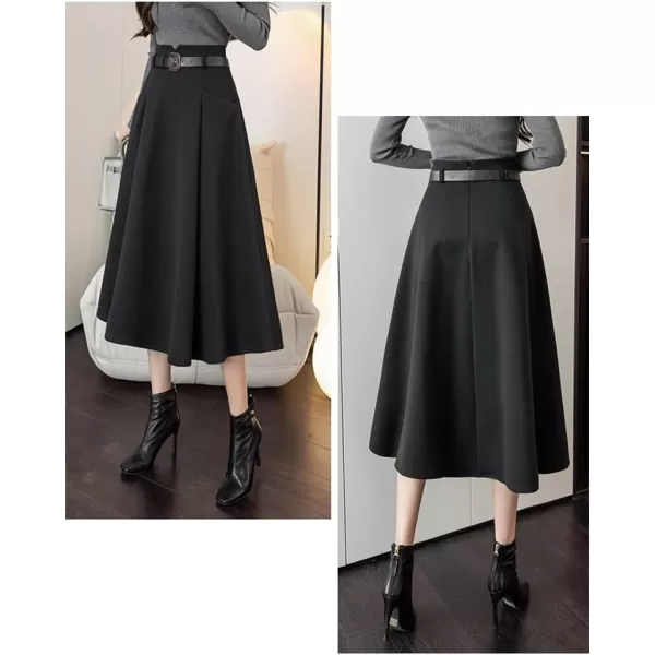 IDEALSANXUN Wool Midi Skirts for Womens High Waisted A Line Pleated Belted Fall Winter SkirtsBlack