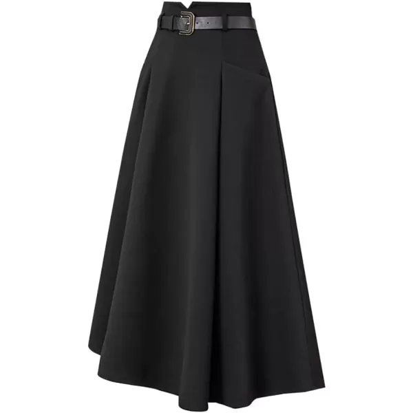 IDEALSANXUN Wool Midi Skirts for Womens High Waisted A Line Pleated Belted Fall Winter SkirtsBlack