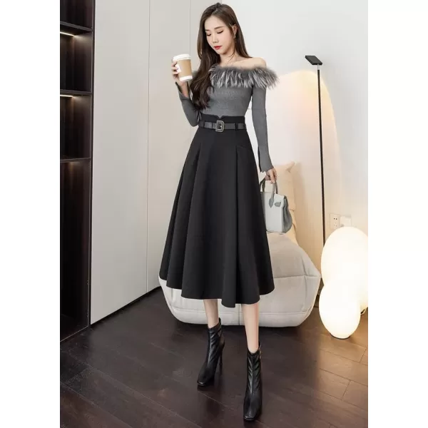 IDEALSANXUN Wool Midi Skirts for Womens High Waisted A Line Pleated Belted Fall Winter SkirtsBlack