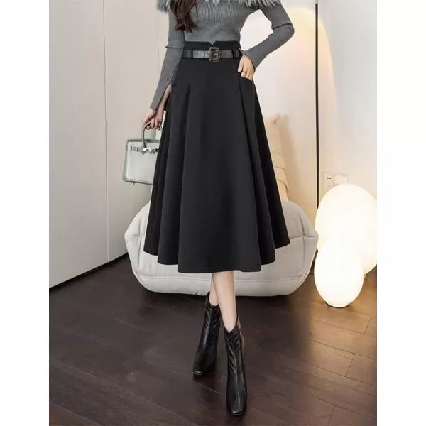 IDEALSANXUN Wool Midi Skirts for Womens High Waisted A Line Pleated Belted Fall Winter SkirtsBlack