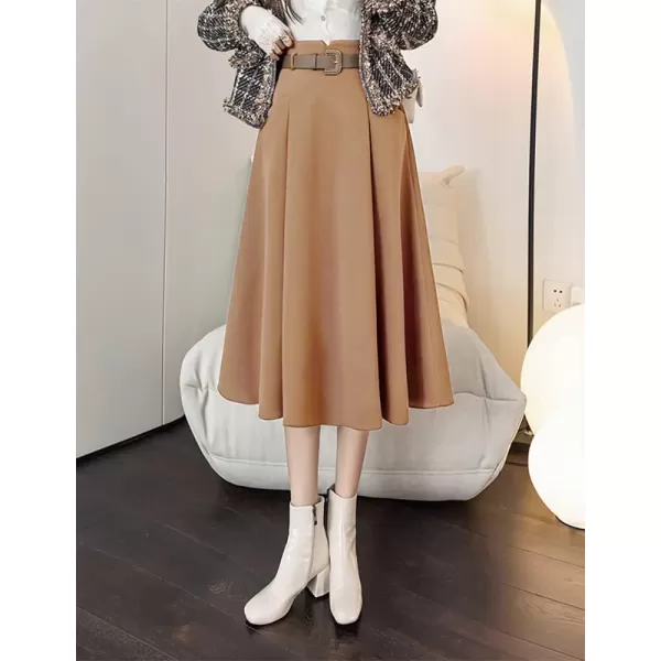 IDEALSANXUN Wool Midi Skirts for Womens High Waisted A Line Pleated Belted Fall Winter SkirtsCamel