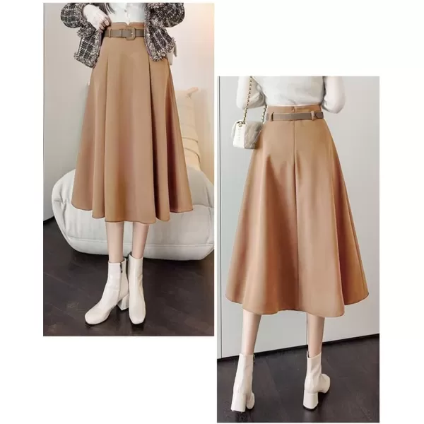 IDEALSANXUN Wool Midi Skirts for Womens High Waisted A Line Pleated Belted Fall Winter SkirtsCamel