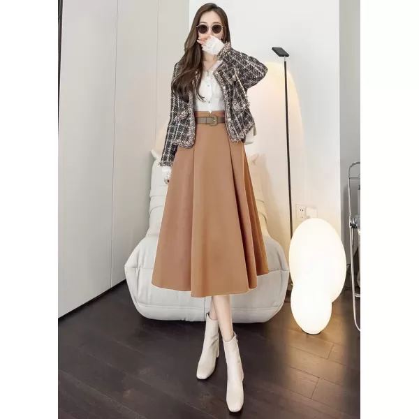 IDEALSANXUN Wool Midi Skirts for Womens High Waisted A Line Pleated Belted Fall Winter SkirtsCamel