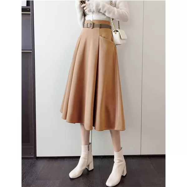 IDEALSANXUN Wool Midi Skirts for Womens High Waisted A Line Pleated Belted Fall Winter SkirtsCamel