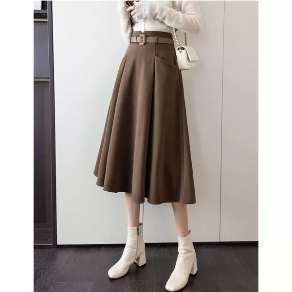 IDEALSANXUN Wool Midi Skirts for Womens High Waisted A Line Pleated Belted Fall Winter SkirtsCoffee