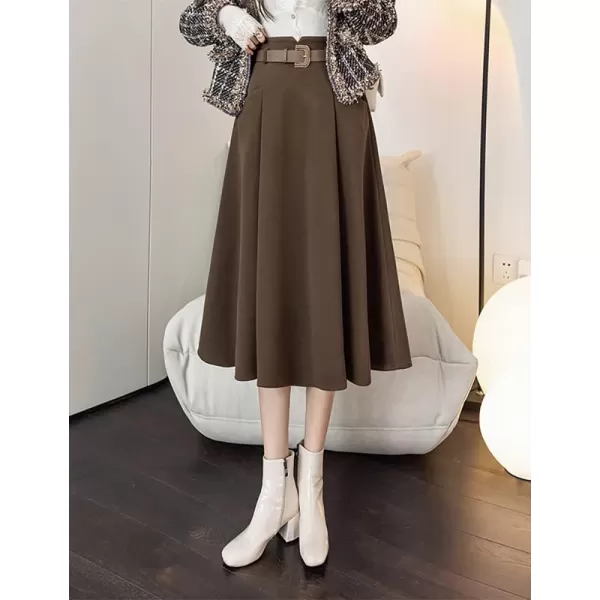 IDEALSANXUN Wool Midi Skirts for Womens High Waisted A Line Pleated Belted Fall Winter SkirtsCoffee