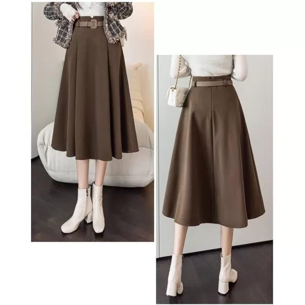 IDEALSANXUN Wool Midi Skirts for Womens High Waisted A Line Pleated Belted Fall Winter SkirtsCoffee