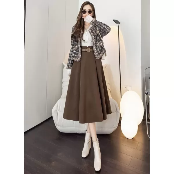 IDEALSANXUN Wool Midi Skirts for Womens High Waisted A Line Pleated Belted Fall Winter SkirtsCoffee