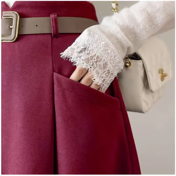 IDEALSANXUN Wool Midi Skirts for Womens High Waisted A Line Pleated Belted Fall Winter SkirtsWine