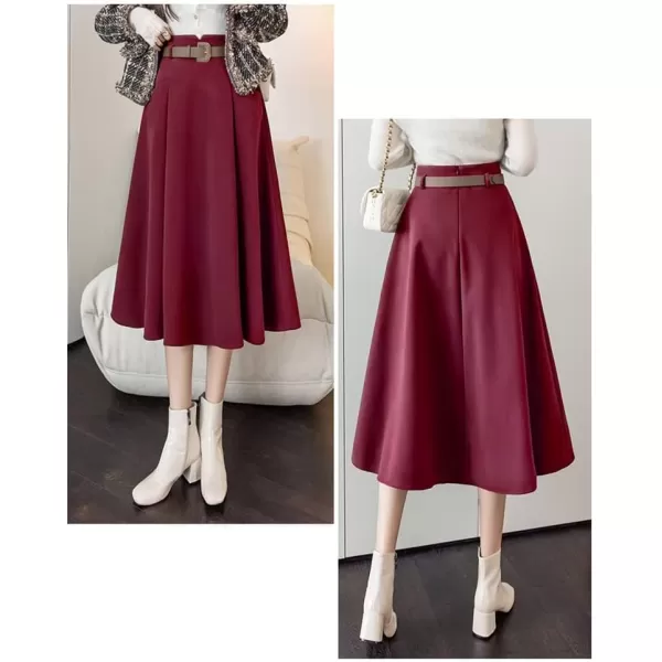 IDEALSANXUN Wool Midi Skirts for Womens High Waisted A Line Pleated Belted Fall Winter SkirtsWine