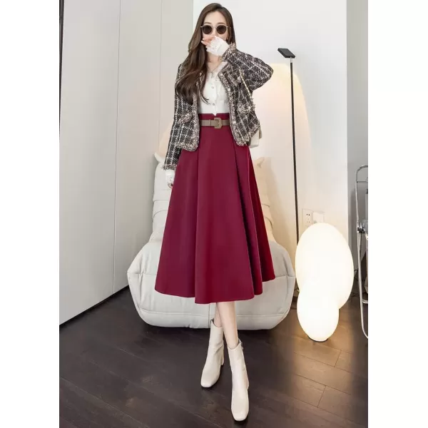 IDEALSANXUN Wool Midi Skirts for Womens High Waisted A Line Pleated Belted Fall Winter SkirtsWine