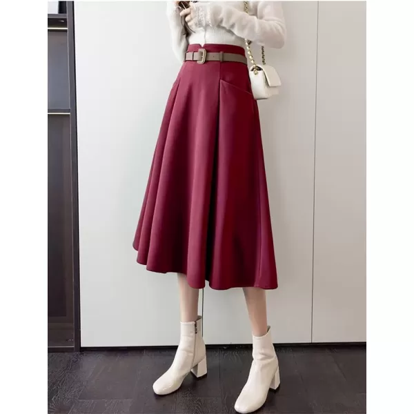 IDEALSANXUN Wool Midi Skirts for Womens High Waisted A Line Pleated Belted Fall Winter SkirtsWine