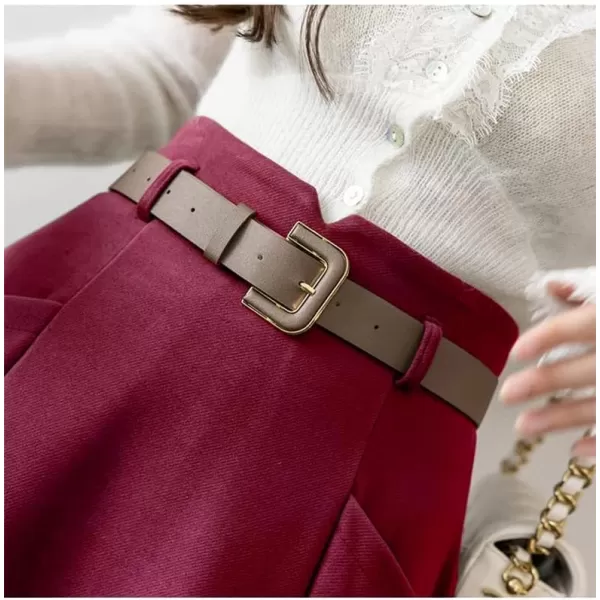 IDEALSANXUN Wool Midi Skirts for Womens High Waisted A Line Pleated Belted Fall Winter SkirtsWine
